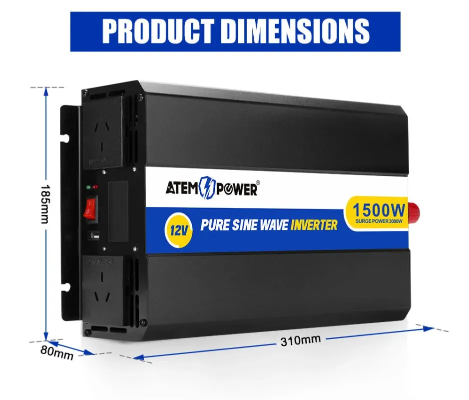 ATEM POWER 12V to 240V Pure Sine Wave Power Inverter | 1500W/3000W