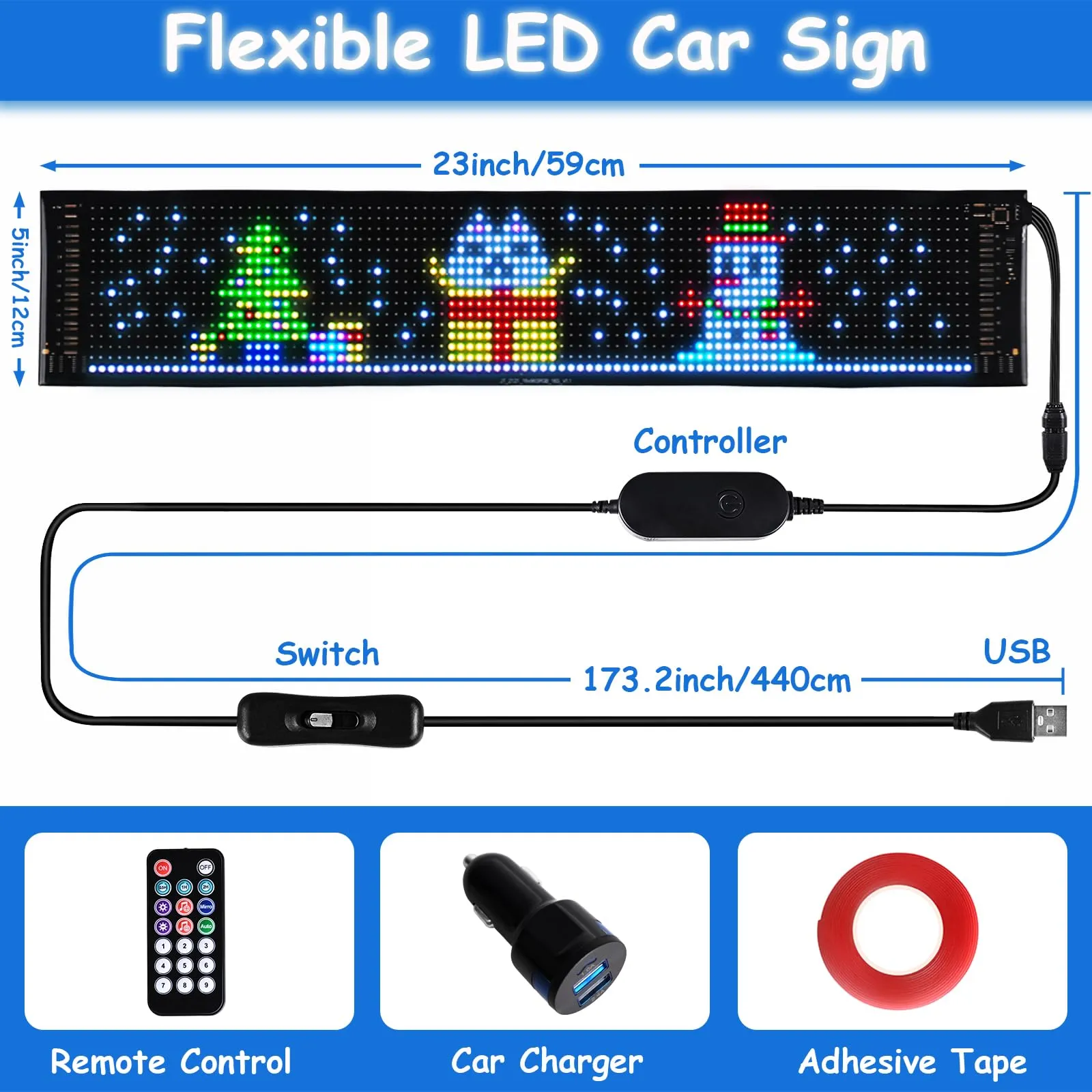 Bluetooth App Control LED Car Sign,Programmable Flexible USB 5V LED Matrix Panel,Custom Text Pattern Animation Scrolling LED Display for Car Windows Store Party Bar Decor 23''x5''