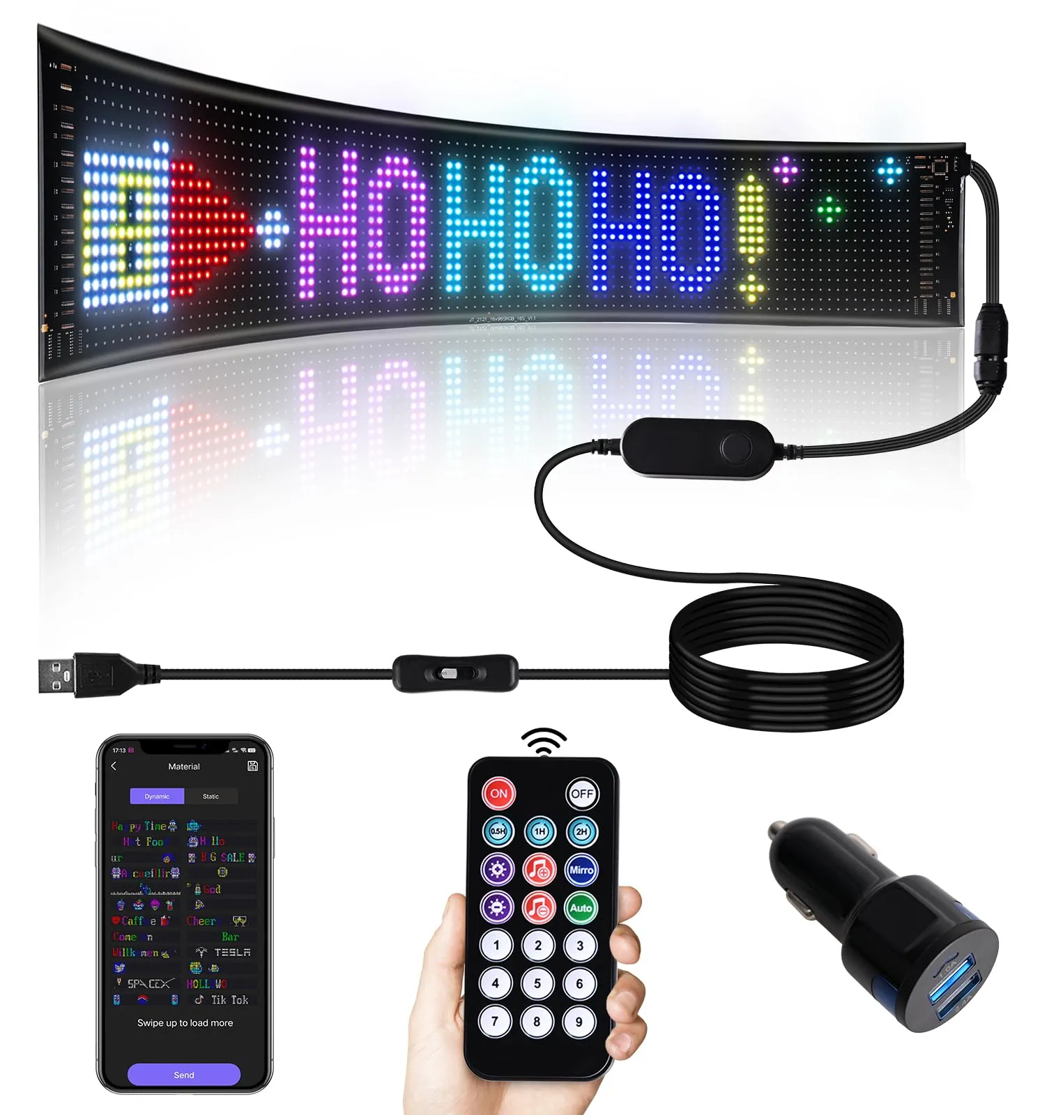 Bluetooth App Control LED Car Sign,Programmable Flexible USB 5V LED Matrix Panel,Custom Text Pattern Animation Scrolling LED Display for Car Windows Store Party Bar Decor 23''x5''