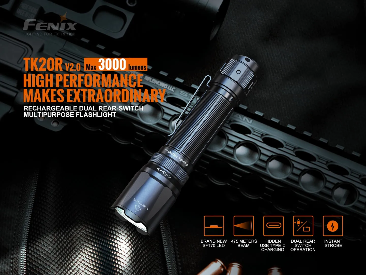 Fenix TK20R V2.0 3000 lumens Rechargeable Dual Rear Switch Multipurpose Flashlight