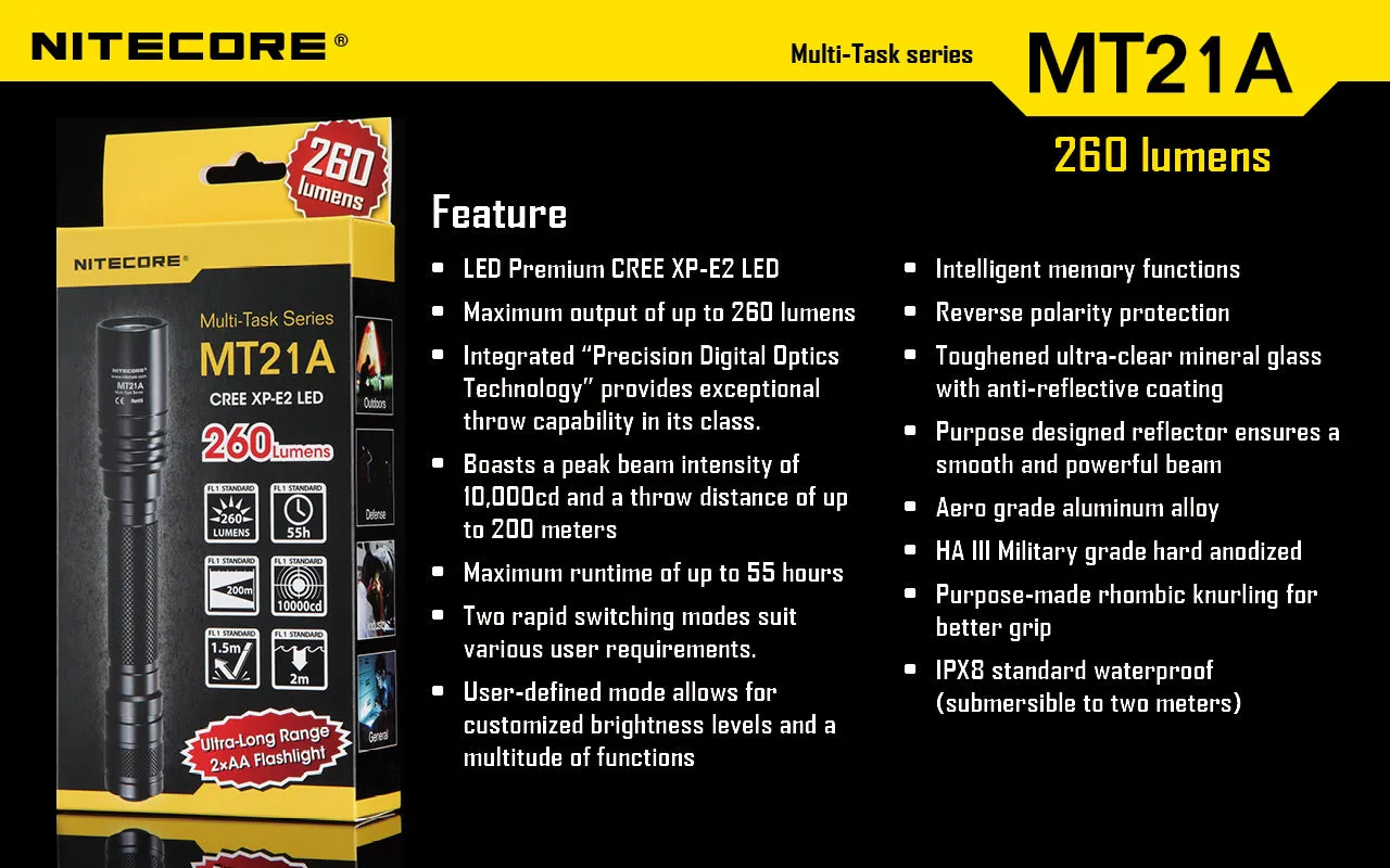 Nitecore MT21A Ultra Long Range led flashlight using 2 x AA batteries with holster