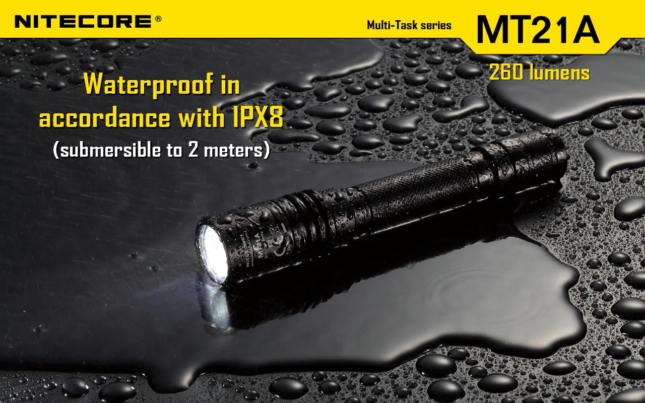 Nitecore MT21A Ultra Long Range led flashlight using 2 x AA batteries with holster