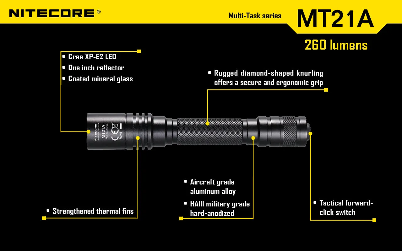 Nitecore MT21A Ultra Long Range led flashlight using 2 x AA batteries with holster