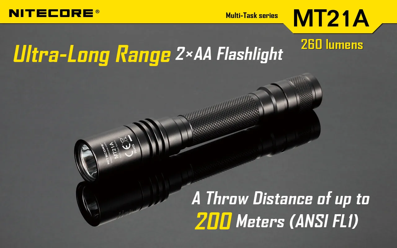 Nitecore MT21A Ultra Long Range led flashlight using 2 x AA batteries with holster