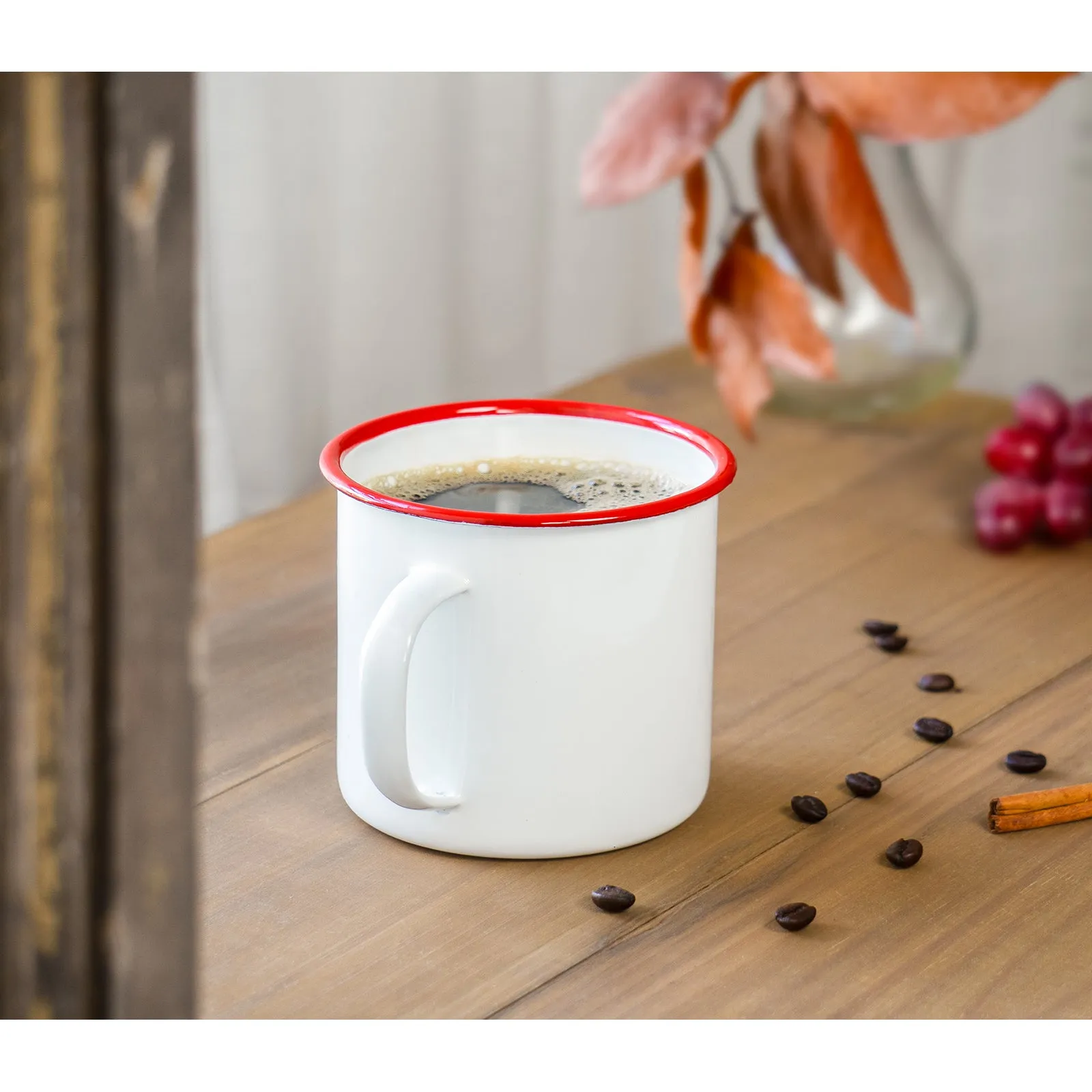 Red Co. Enamelware Metal Large Classic 22 Oz Round Coffee and Tea Mug with Handle, Solid White/Red Rim