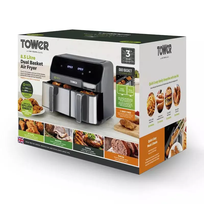 Tower T17099 8.5 Litre Vortx Eco Duo Basket Air Fryer Black Digital 5.2L 3.3L